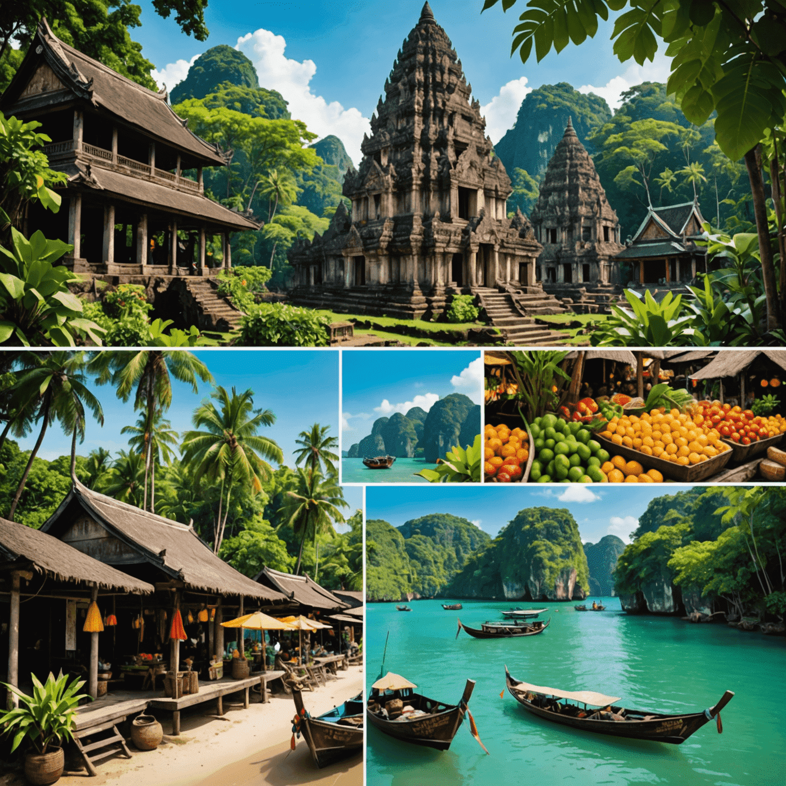 A collage of lesser-known Southeast Asian destinations, featuring secluded beaches, ancient temples hidden in lush jungles, and colorful local markets off the tourist trail.