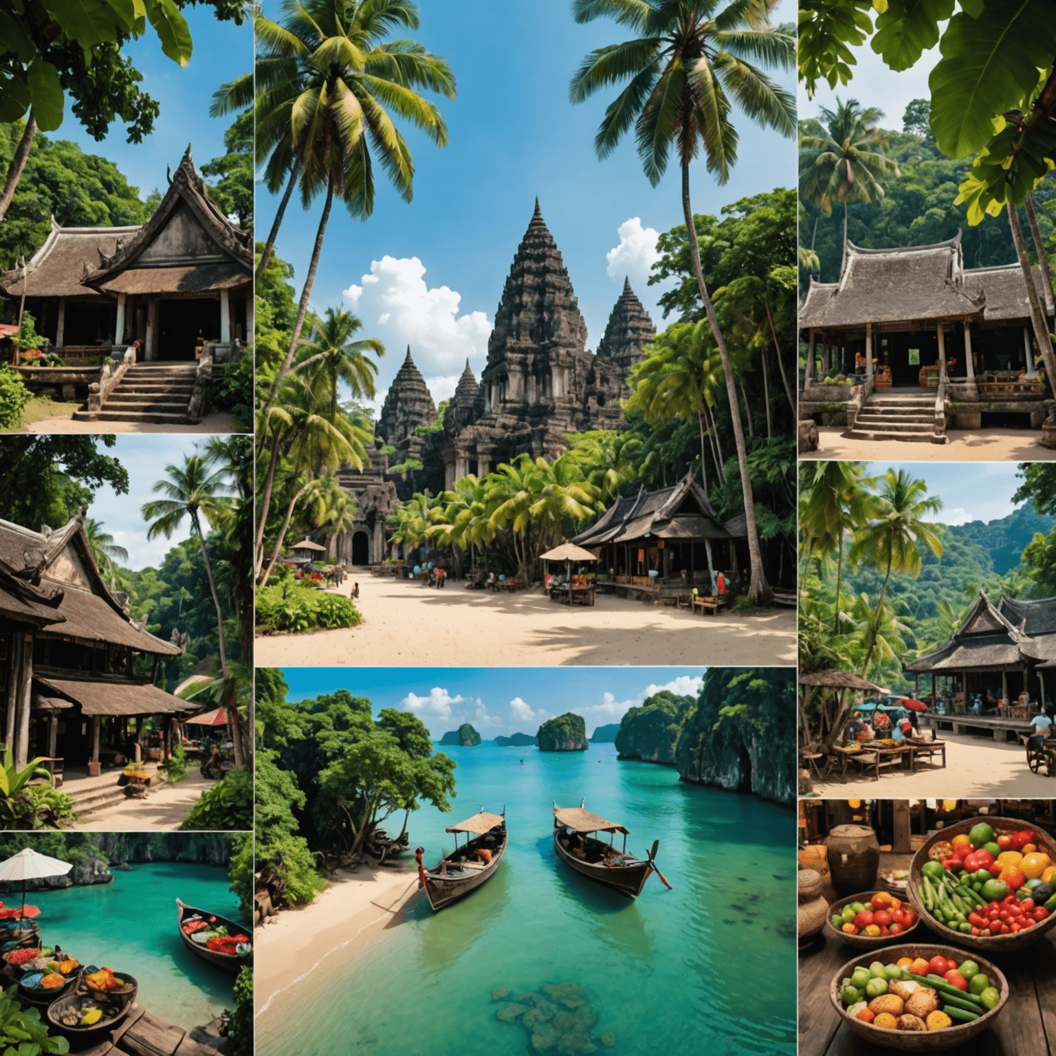 A collage of lesser-known Southeast Asian destinations, featuring secluded beaches, ancient temples hidden in lush jungles, and colorful local markets off the beaten path.