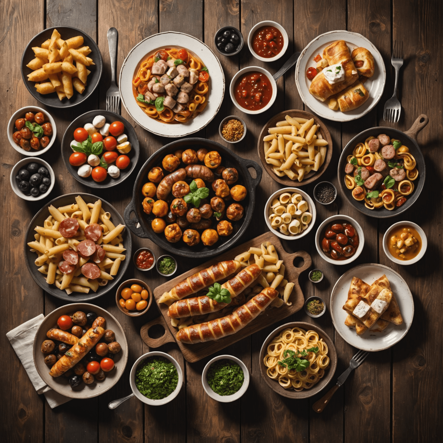 A mouthwatering display of diverse European dishes, from Italian pasta and French pastries to German sausages and Spanish tapas, arranged on a rustic wooden table.