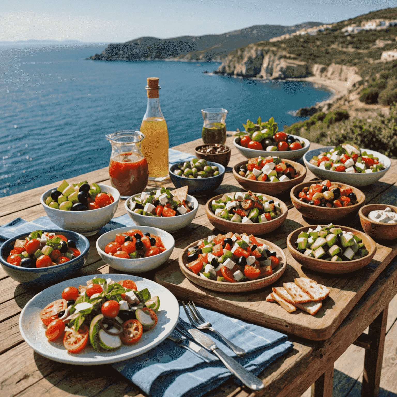 A beautifully presented Mediterranean spread featuring Greek salad, Italian bruschetta, and Spanish tapas on a rustic wooden table with a coastal view in the background