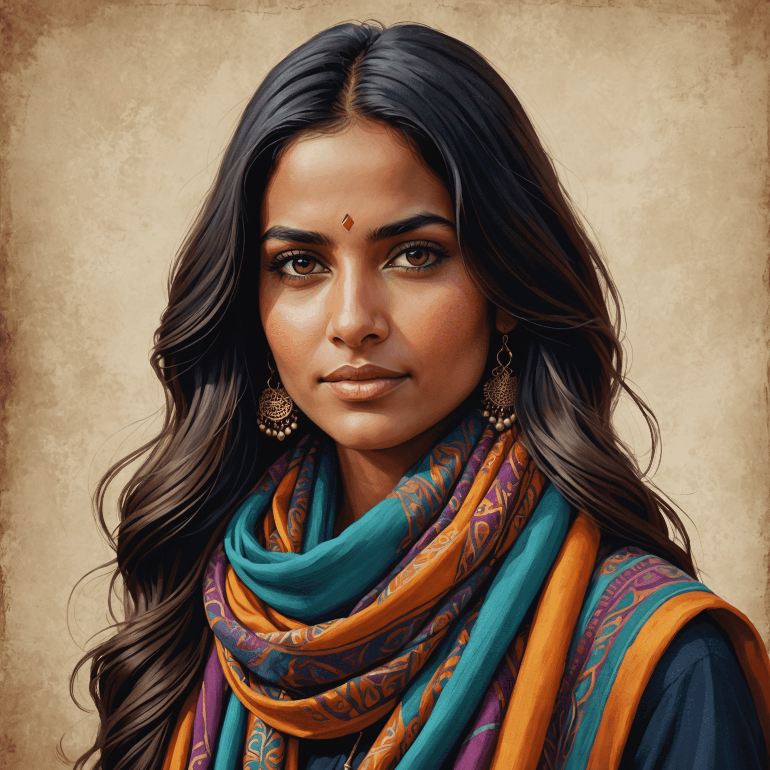 Portrait of Aisha Patel, a young Indian woman with long dark hair and a vibrant traditional scarf