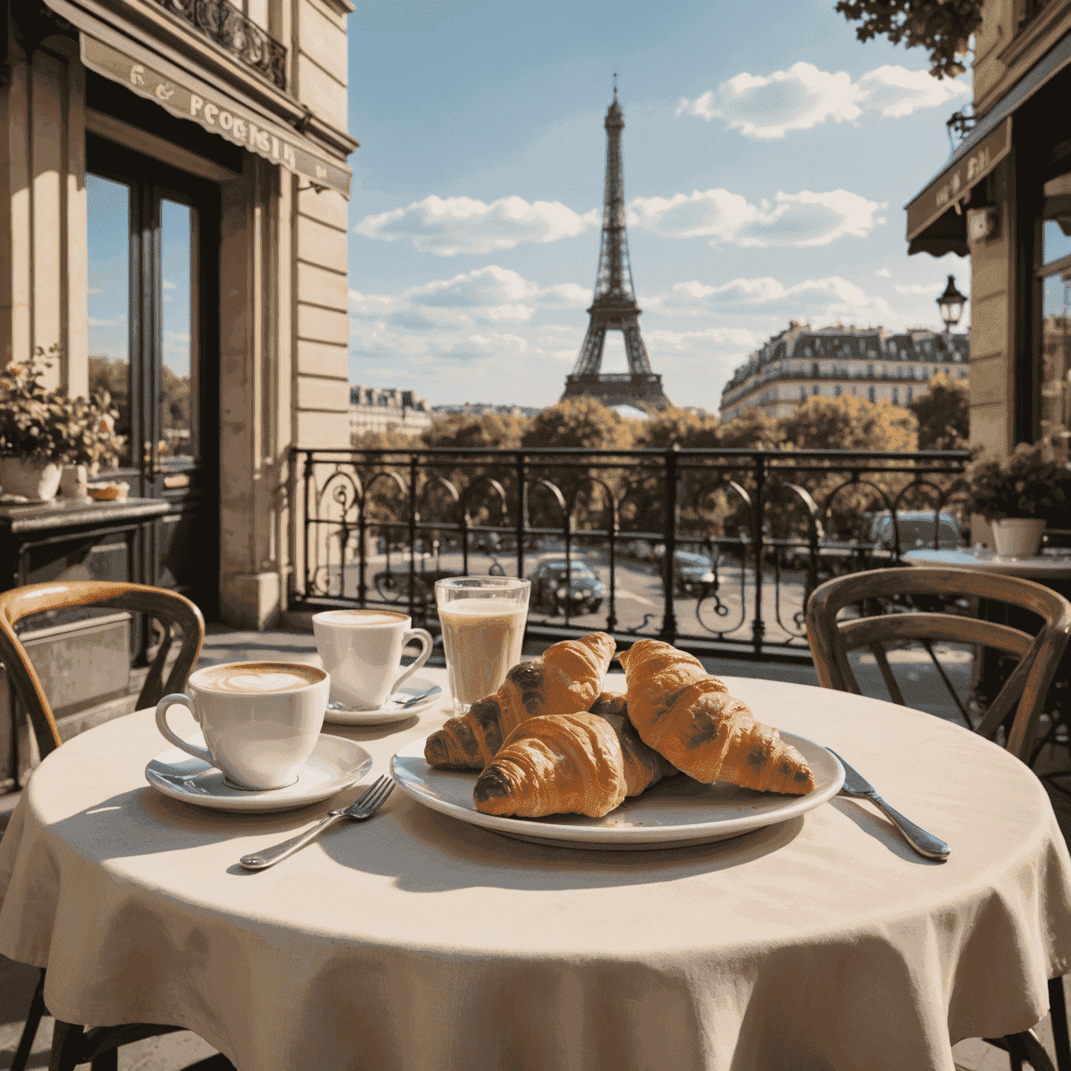 A romantic Parisian café scene with a table set with croissants, café au lait, and a view of the Eiffel Tower in the distance