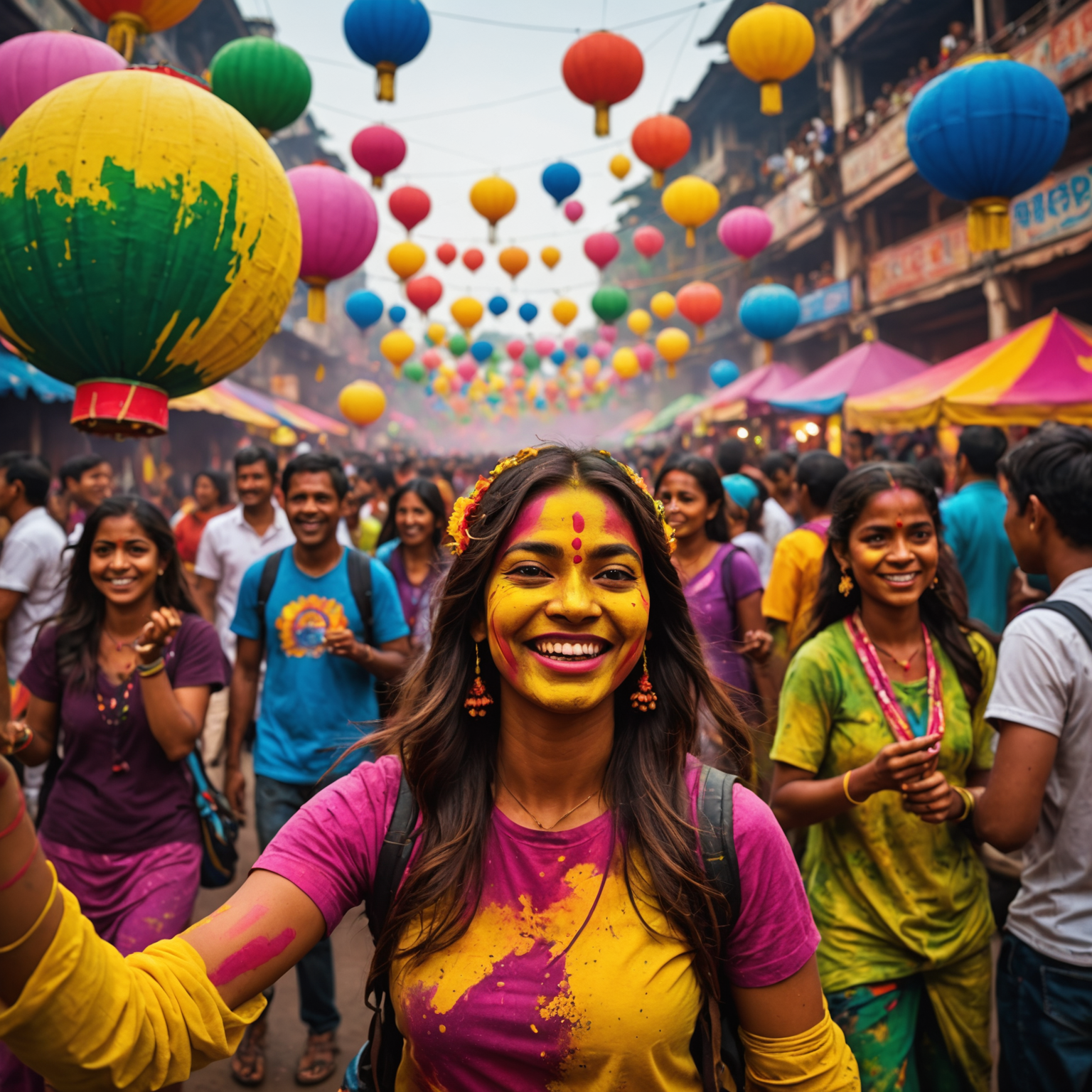 A vibrant montage of global festivals, showing the colorful Holi festival in India, the lantern festival in China, and the carnival in Rio de Janeiro, Brazil.