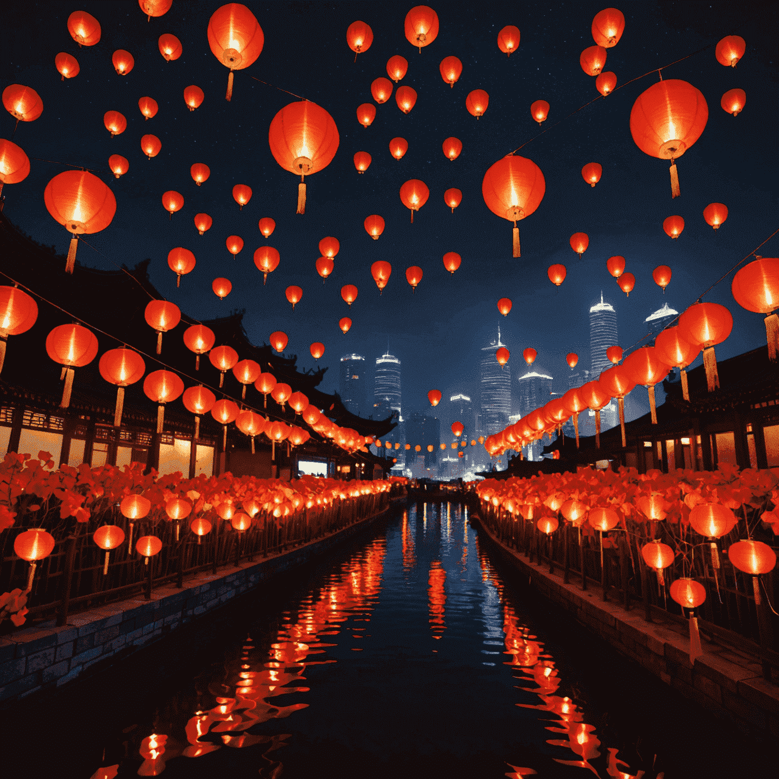 Night scene of hundreds of glowing red lanterns floating in the sky during the Chinese Lantern Festival. The image shows a magical display with lanterns illuminating the dark sky above a traditional Chinese cityscape.