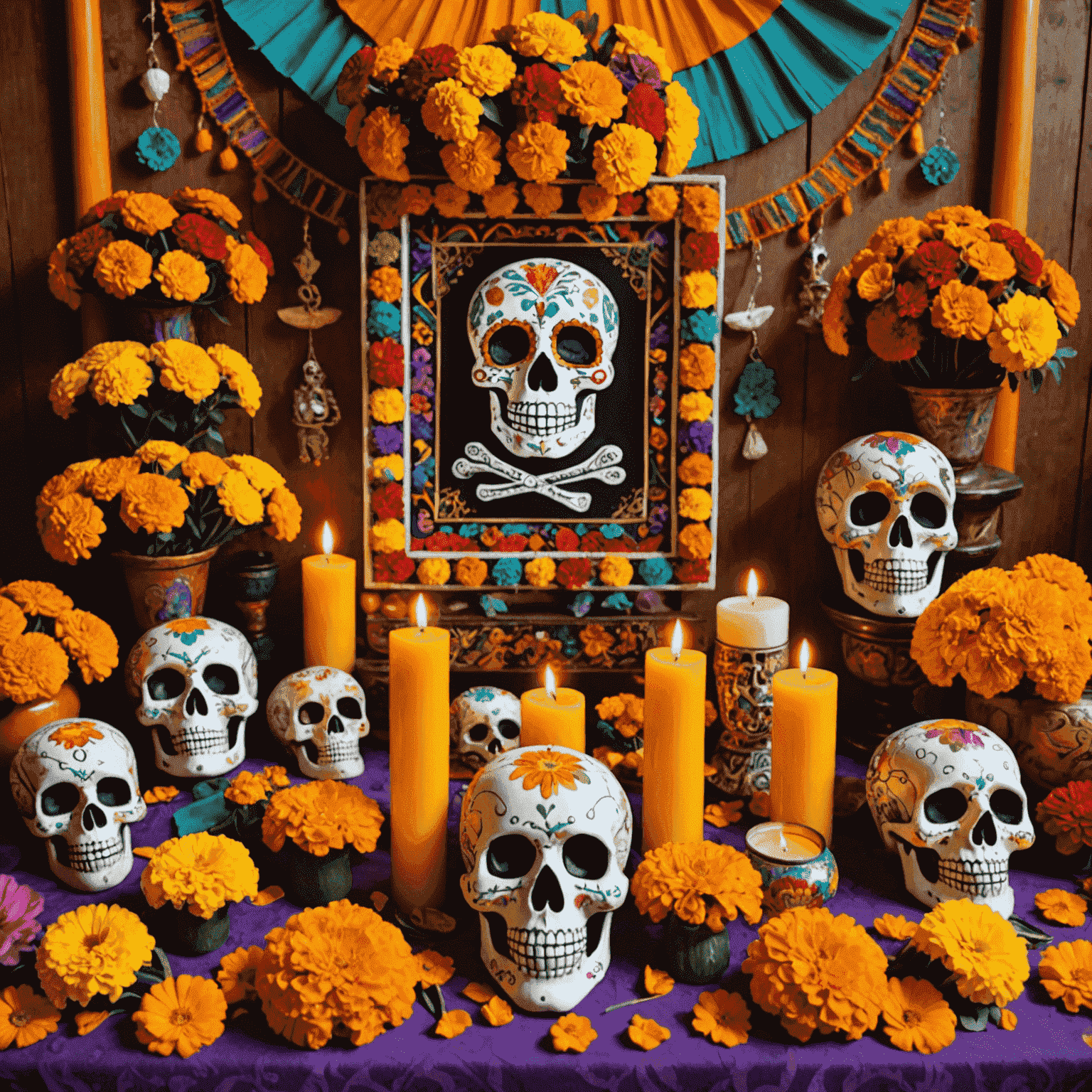 Colorful altar decorated with marigolds, candles, and sugar skulls for Día de los Muertos in Mexico. The image shows intricate ofrendas (offerings) with photos of deceased loved ones, surrounded by vibrant decorations and traditional Mexican art.