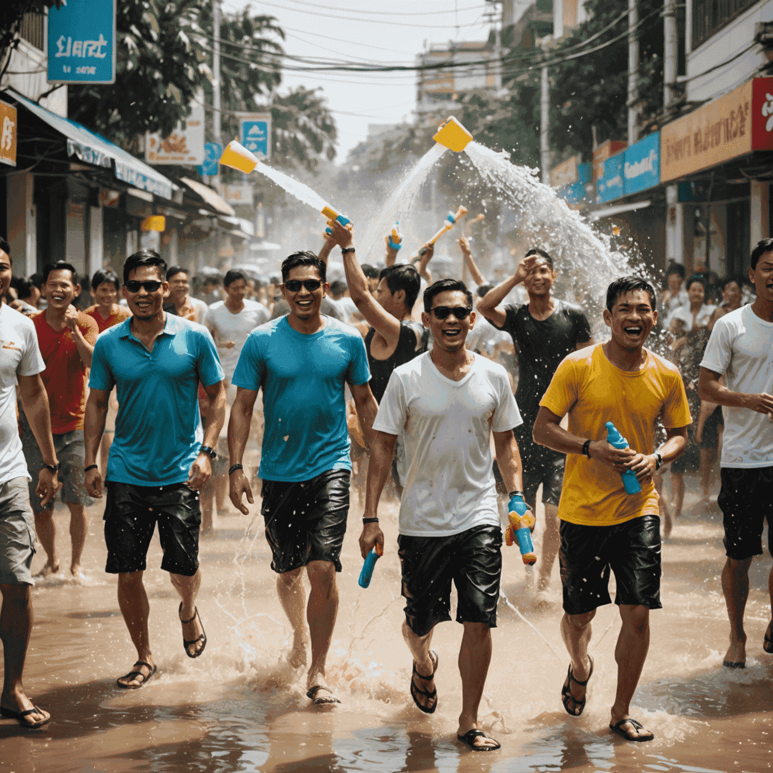 Streets filled with people splashing water during Songkran water festival in Thailand. The image captures the joyful chaos of the celebration with people using water guns, buckets, and hoses to drench each other in the hot Thai sun.